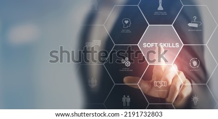 Soft skills concept.  Interpersonal skills interacting with colleagues. Emotional intelligence, communication, problem solving, persuasion, collaboration, adaptability, empathy, critical analytics. Royalty-Free Stock Photo #2191732803