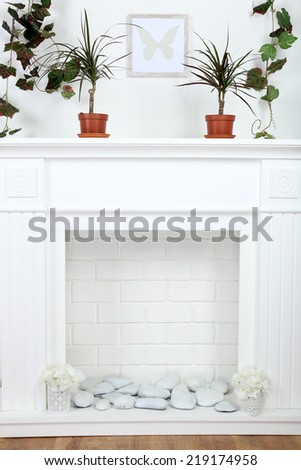 Fireplace with beautiful decorations in comfortable living room