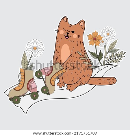 Funny and cheerful cat. Cat 70s, 60s. Postcard, sticker, clipart with a kitten. Flat illustration, vector, doodle.