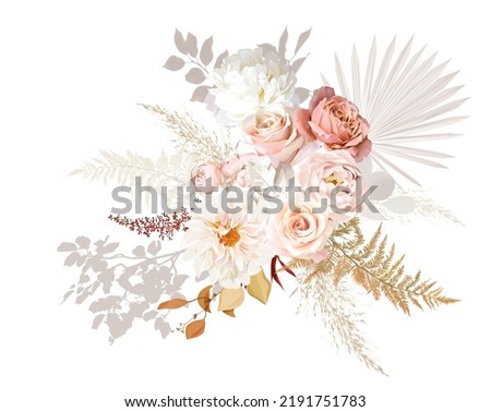 Rust orange and blush pink antique rose, beige and pale flowers, creamy peony, ranunculus, dahlia, pampas grass, fall leaves wedding vector bouquet. Floral watercolor arrangement.Isolated and editable Royalty-Free Stock Photo #2191751783