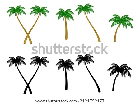 Collection of palm trees in color and silhouette - Vector Illustration