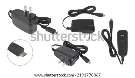 power adapter for laptop tablet, on white background, collage