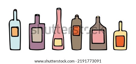 Vector illustration of a set of colored bottles of different shapes with labels. Hand drawn icon and symbol for web, menu, print, poster, sticker, card design. Doodle design elements. 