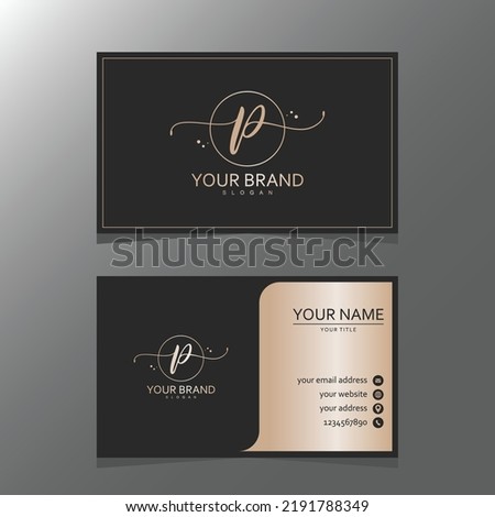 Luxurious and elegant minimalist P logo design with business card. initial logo for signature, wedding, fashion, floral and botanical logo.