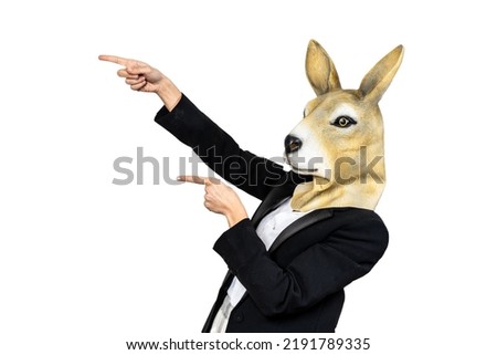 Kangaroo woman pointing to the left with his hands