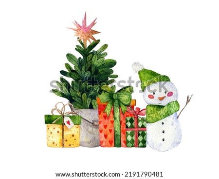 Christmas tree, gifts and snowman. Watercolor composition  for greeting postcards and christmas party invitations.