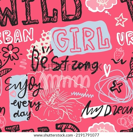 Bright girly pattern for textiles. Seamless pink background with flowers, lettering, doodles for design.
