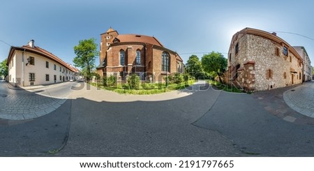 full 360 panorama on near catholic gothic church red brick walls in old town with historical buildings, temples and town hall in equirectangular projection Royalty-Free Stock Photo #2191797665