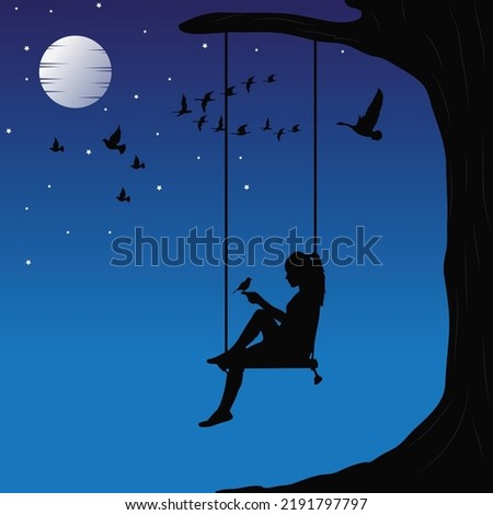 relax a girl is sitting on a swing enjoying the night, lots of birds flying. Royalty-Free Stock Photo #2191797797