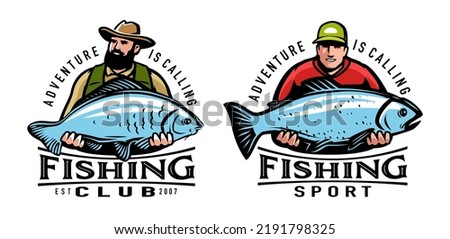 Fisherman holds big fish caught on fishing rod. Sport fishing emblem or logo design template. Vector illustration set