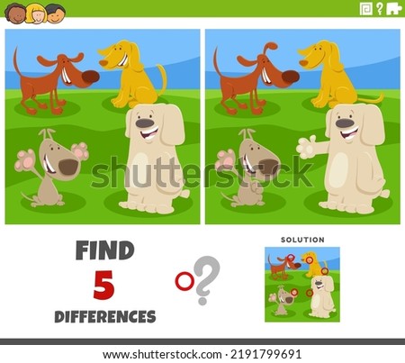 Cartoon illustration of finding the differences between pictures educational task with funny dogs animal characters