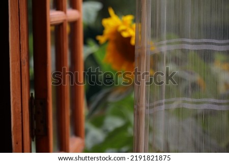 A blurry rural background with a wooden window and a yellow flower in the garden visible behind the curtain.The concept of retirement country style