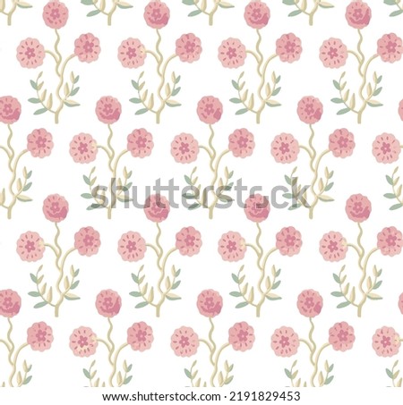 Small red flower pattern. Vintage floral seamless background. Delicate pink green on white background.
