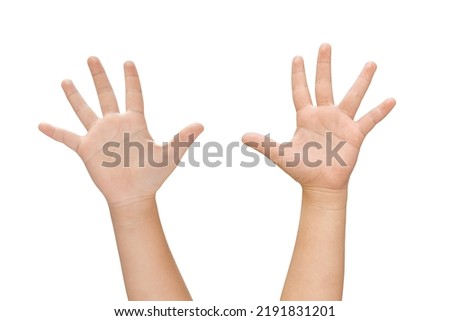 child hands raised up gesture Isolated on white background with clipping path.