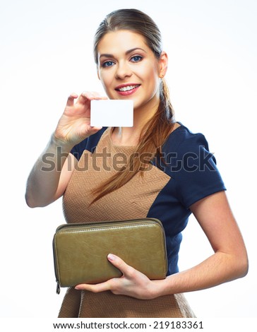  Woman isolated on white background. Business woman hold credit card.