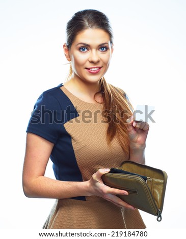 Business woman show credit card, white background  portrait. isolated
