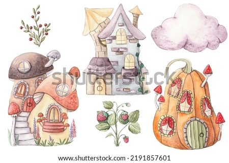 Set of isolated mushroom fairy house illustration.Cute cartoon elven, fairy or gnome houses in the form of pumpkin, tree, mushroom, stump. Cute houses clip art, sublimation designs, summer scenes.