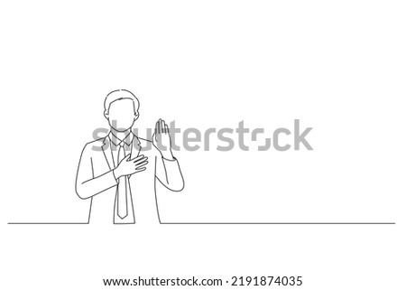 Drawing of good looking asian young man making promise, pledge or give oath, raise one hand and put palm on hear as being honest and sincere. Line art style
 Royalty-Free Stock Photo #2191874035