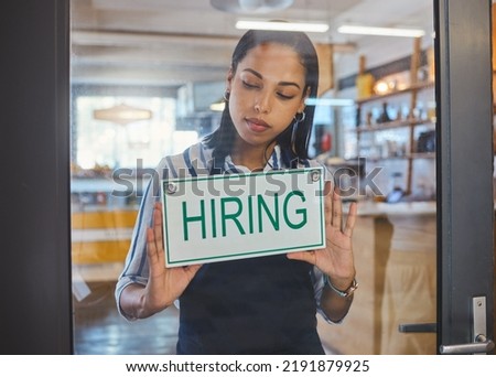 Hiring, recruitment and about us advertising sign on a glass door of a small business, startup or coffee shop. Cafe store, restaurant or hr manager ready to hire new workers, employees and staff