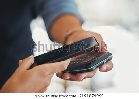 Ecommerce, fintech and digital financial payment technology made on phone, at coffee shop. Closeup of customer experience with nfc credit card shopping, at business retail store or restaurant cafe