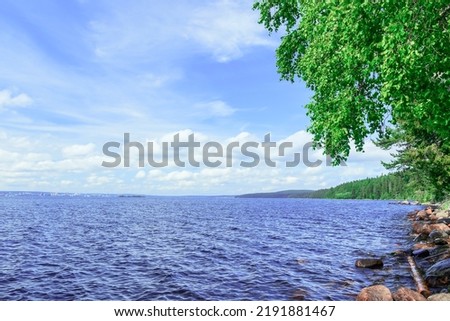 Summer water landscape along the coastline of the lake with white clouds on the blue sky. Royalty-Free Stock Photo #2191881467