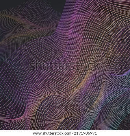 Neon Wave Smoke Vector Black Background. Bright Shape Graphic Cover. Stripe Modern Texture. Color Dynamic Element Music Banner.