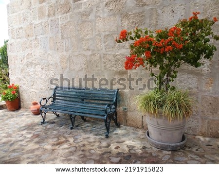 [Peru] The bench and red geraniums in Monastery of Santa Catalina de Siena (Arequipa)