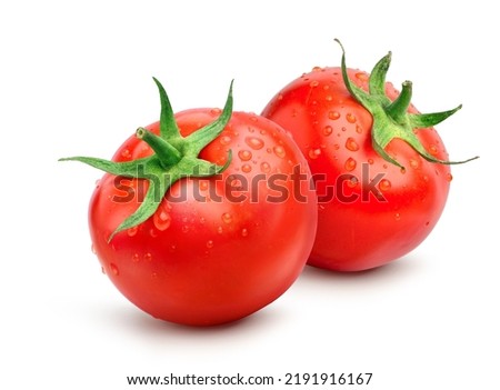 Pair of  juicy red Tomatoes with water droplets isolated on white background. Clipping path. Royalty-Free Stock Photo #2191916167