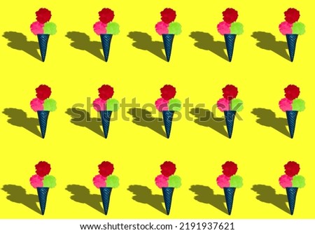 blue ice cream cone with three scoops of paper ice cream, copied all over yellow background, creative art design pattern