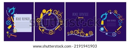 Bicycle repair posters set. Banner, logo, advertising. Border of bike chain with tools and details. Wrench, chain, chain rings, pump, pedal, link tool, screwdriver. vector flat illustration 