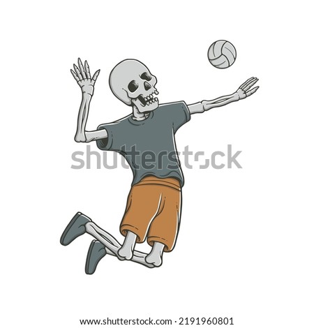 Cool Cartoon Skull Volleyball Player Hitting Ball in Jump. Volleyball Skeleton Vector Illustration for Merchandise or Poster Designs