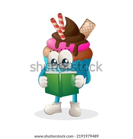 Cute cupcake mascot reading a book. Perfect for food store, small business or e-Commerce, merchandise and sticker, banner promotion, food review blog or vlog channel, food fans or community

