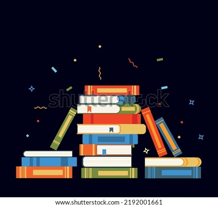Book stack. Huge pile of books and encyclopedias, education and success concept, university library, academic and school knowledge flat cartoon isolated on green illustration eps 10