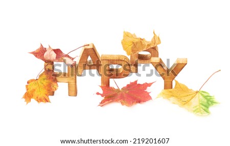 Word Happy made of block wooden letters covered with colorful maple leaves, composition isolated over the white background