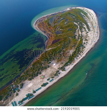 Aerial view of Dzharylgach island in summer, taken with drone. Ukraine