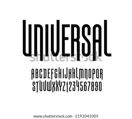 Condensed font, narrow alphabet, modern letters and numbers, for your designs: logo, movie banner, cinema poster, header, title, vector illustration 10EPS Royalty-Free Stock Photo #2192041005