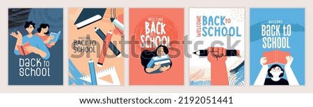 Set of back to school posters. Vector illustration concepts for graphic and web design, business presentation, marketing and print material. International education day, world book day, teachers day. Royalty-Free Stock Photo #2192051441
