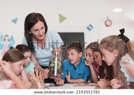 Female Teacher with kids in biology class at elementary school conducting biology or botanical scientific experiment about sustainable Growing plants. Learning about plants in a glass jar Royalty-Free Stock Photo #2192051785