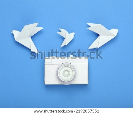 White painted camera and origami doves on a blue background. Minimalism
