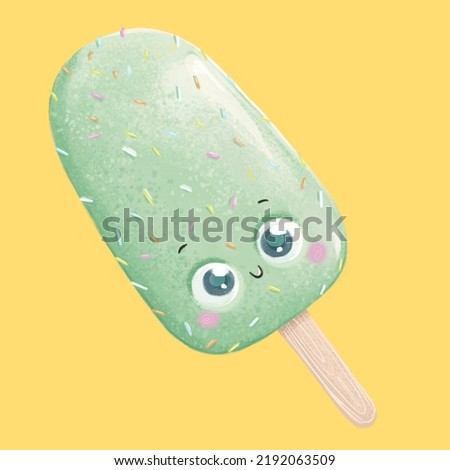 Cute pistachio popsicle stick isolated on yellow background