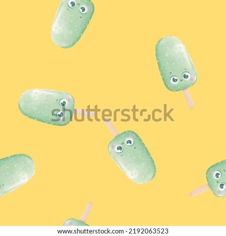 Cute pistachio popsicle stick isolated on yellow background
