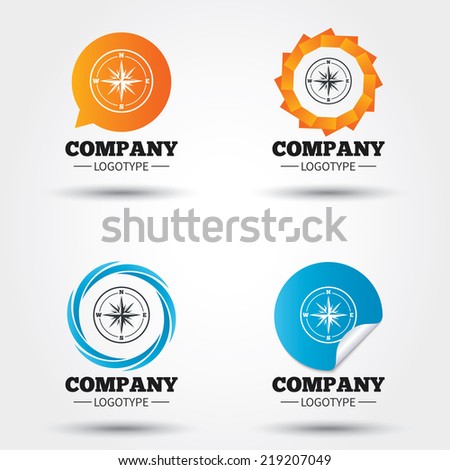 Compass sign icon. Windrose navigation symbol. Business abstract circle logos. Icon in speech bubble, wreath. Vector