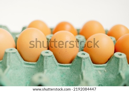 A closeup shot of chicken eggs in a carton on a white background