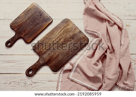 Wooden empty boards and tablecloth - top view, two cutting board , food background mockup