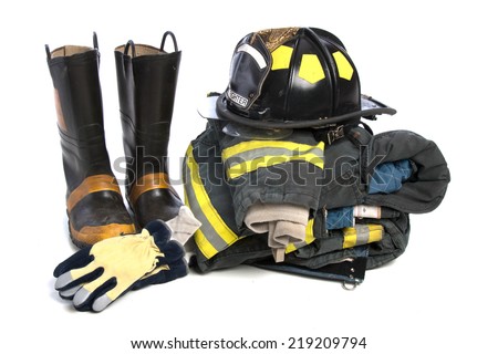 Heavy Duty Protective Fire Fighting Cloth, Boots, Gloves, Helmet, Jacket, Pants, Isolated on White Background