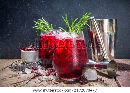 Cold autumn winter hibiscus cocktail with rosemary and crushed ice, copy space Royalty-Free Stock Photo #2192098477