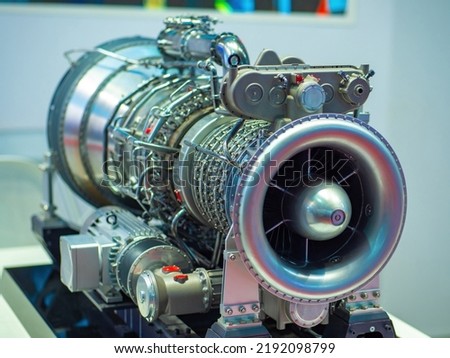 Marine dual-fuel gas turbine engine. Engineering equipment. Turbine close up. Heavy industry concept. Motor ship parts. Ship power plants. Shipbuilding equipment. Ship engine is stern plan. Royalty-Free Stock Photo #2192098799