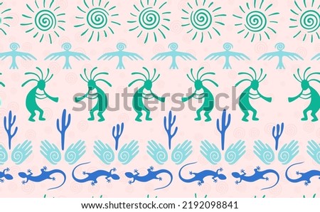 Kokopelli with flute, lizard, bird, spiral sun, hands and cactus ethnic vector seamless pattern. Indian fertility god motif. Kokopelli playing design. Southwestern ethnic pattern. Animals motif.