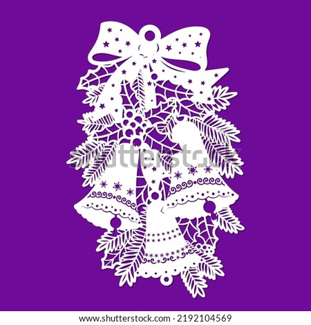 Christmas bells with holly, fir branches and ribbon. For design and postcards, invitations, envelopes, menus, etc. Template for laser cutting. For cutting from any materials. Vector