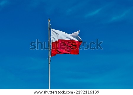 Polish flag. national flag of poland on blue sky.